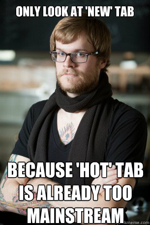 only look at 'new' tab because 'hot' tab is already too mainstream - only look at 'new' tab because 'hot' tab is already too mainstream  Hipster Barista