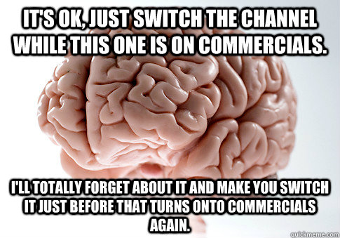 It's ok, just switch the channel while this one is on commercials. I'll totally forget about it and make you switch it just before that turns onto commercials again.  Scumbag Brain