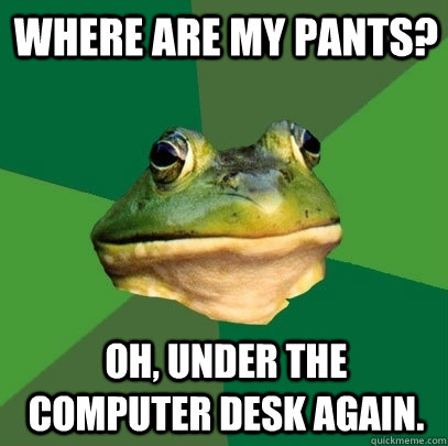 Where are my pants? Oh, under the computer desk again.  Foul Bachelor Frog