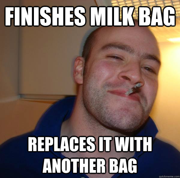 Finishes milk bag replaces it with another bag - Finishes milk bag replaces it with another bag  Misc