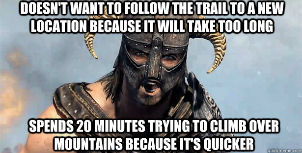 doesn't want to follow the trail to a new location because it will take too long spends 20 minutes trying to climb over mountains because it's quicker  skyrim