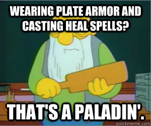Wearing plate armor and casting heal spells? That's a paladin'.  Paddlin Jasper