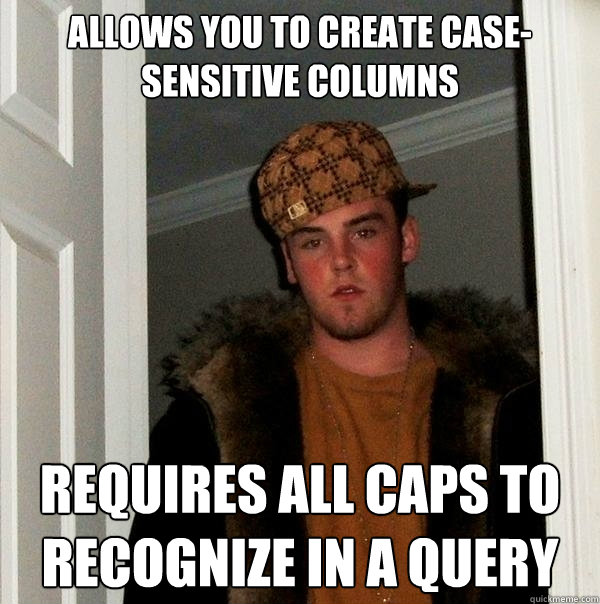 Allows you to create case-sensitive columns requires all caps to recognize in a query  Scumbag