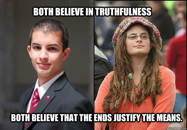 Both Believe in truthfulness  Both believe that The Ends Justify The Means.  College Liberal Vs College Conservative