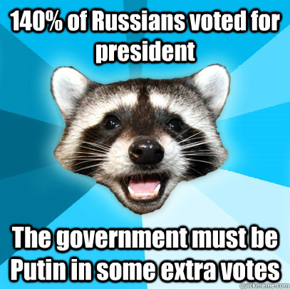 140% of Russians voted for president   The government must be Putin in some extra votes  Lame Pun Coon