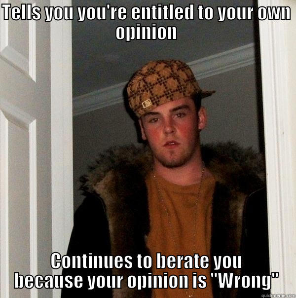 TELLS YOU YOU'RE ENTITLED TO YOUR OWN OPINION CONTINUES TO BERATE YOU BECAUSE YOUR OPINION IS 