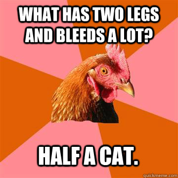 what has two legs and bleeds a lot?  half a cat. - what has two legs and bleeds a lot?  half a cat.  Anti-Joke Chicken