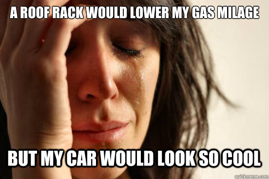 A roof rack would lower my gas milage But my car would look so cool Caption 3 goes here  First World Problems