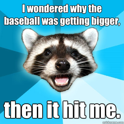 I wondered why the baseball was getting bigger, then it hit me.  Lame Pun Coon