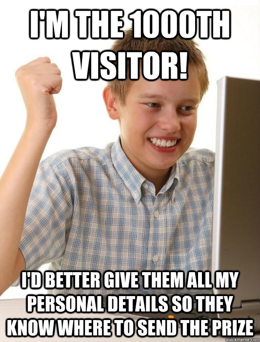 I'm the 1000th visitor! I'd better give them all my personal details so they know where to send the prize  First Day on the Internet Kid