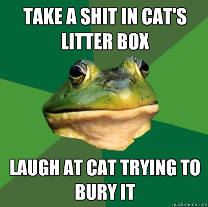 take a shit in cat's litter box laugh at cat trying to bury it  Foul Bachelor Frog