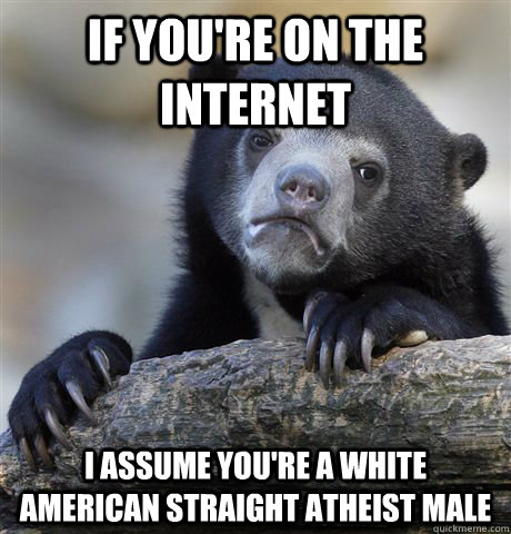 If you're on the internet I assume you're a white American straight atheist male  Confession Bear