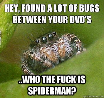 hey, found a lot of bugs between your dvd´'s ..who the fuck is spiderman?  Misunderstood Spider