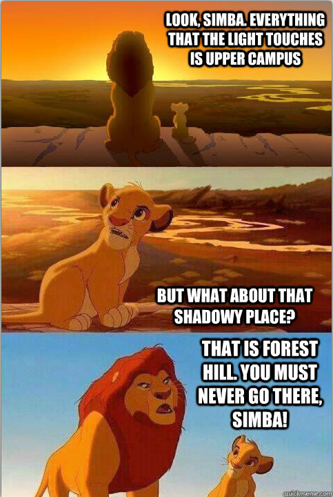 Look, Simba. Everything that the light touches is Upper Campus But what about that shadowy place? That is Forest Hill. You must NEVER go there, Simba! - Look, Simba. Everything that the light touches is Upper Campus But what about that shadowy place? That is Forest Hill. You must NEVER go there, Simba!  Shadowy Place from Lion King