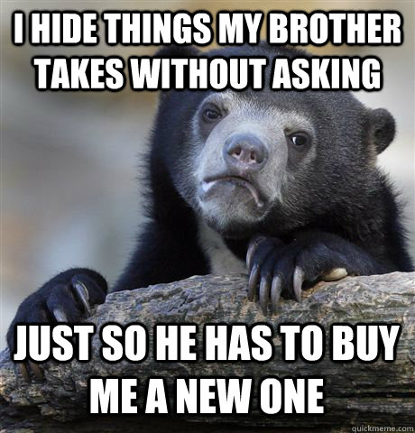 I HIDE THINGS MY BROTHER TAKES WITHOUT ASKING JUST SO HE HAS TO BUY ME A NEW ONE - I HIDE THINGS MY BROTHER TAKES WITHOUT ASKING JUST SO HE HAS TO BUY ME A NEW ONE  Confession Bear