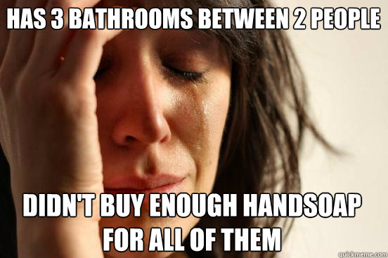Has 3 bathrooms between 2 people didn't buy enough handsoap for all of them  First World Problems