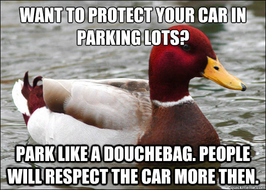 Want to protect your car in parking lots?
 Park like a douchebag. people will respect the car more then.   Malicious Advice Mallard