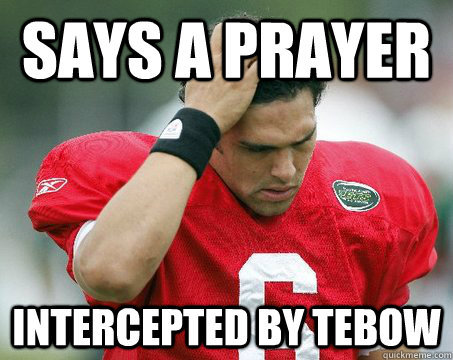Says a prayer Intercepted by Tebow  Off The Mark Sanchez