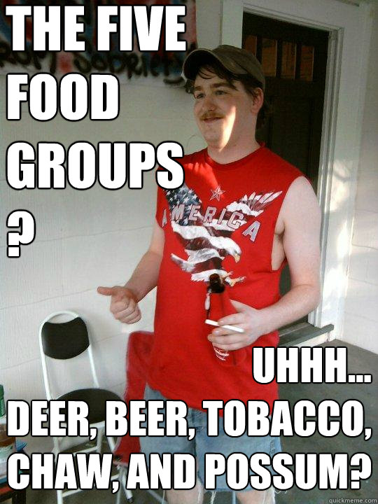 the five food groups ? uhhh... 
deer, beer, tobacco, chaw, and possum?  Redneck Randal