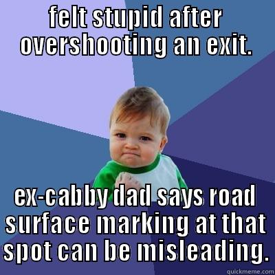 FELT STUPID AFTER OVERSHOOTING AN EXIT. EX-CABBY DAD SAYS ROAD SURFACE MARKING AT THAT SPOT CAN BE MISLEADING. Success Kid