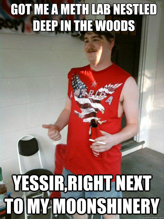got me a meth lab nestled deep in the woods yessir,right next to my moonshinery  Redneck Randal