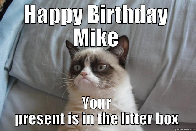 HAPPY BIRTHDAY MIKE YOUR PRESENT IS IN THE LITTER BOX Grumpy Cat