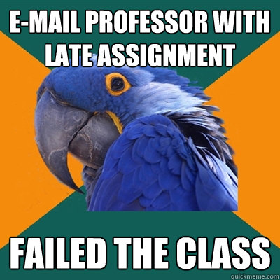 e-mail professor with late assignment failed the class  Paranoid Parrot