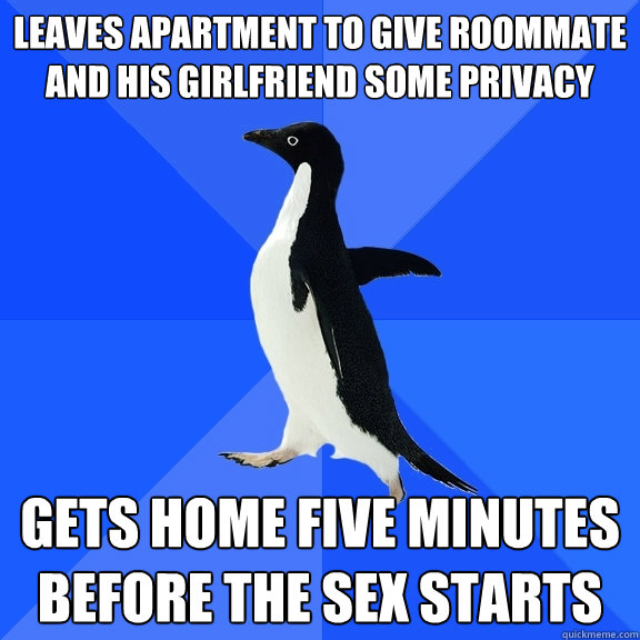 Leaves apartment to give roommate and his girlfriend some privacy Gets home five minutes before the sex starts  Socially Awkward Penguin