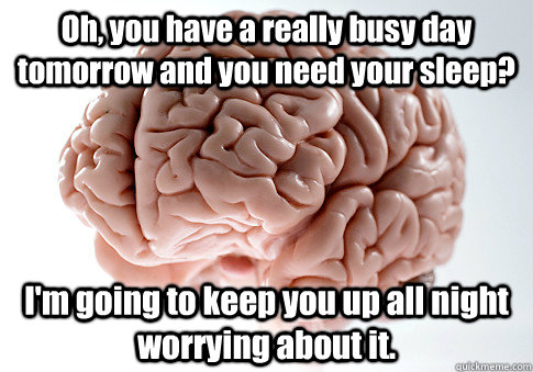 Oh, you have a really busy day tomorrow and you need your sleep? I'm going to keep you up all night worrying about it.   Scumbag Brain