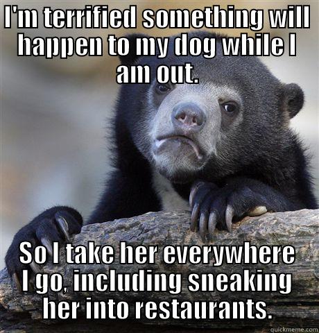 I'M TERRIFIED SOMETHING WILL HAPPEN TO MY DOG WHILE I AM OUT. SO I TAKE HER EVERYWHERE I GO, INCLUDING SNEAKING HER INTO RESTAURANTS. Confession Bear