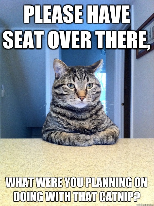Please have seat over there, What were you planning on doing with that catnip?  Chris Hansen Cat