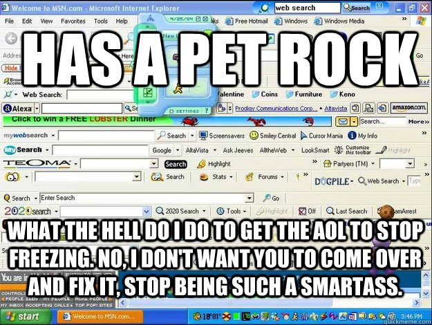 Has A Pet Rock What the hell do I do to get the AOL to stop freezing. No, I don't want you to come over and fix it, stop being such a smartass. - Has A Pet Rock What the hell do I do to get the AOL to stop freezing. No, I don't want you to come over and fix it, stop being such a smartass.  My Dads attempt at bad luck brian fixed
