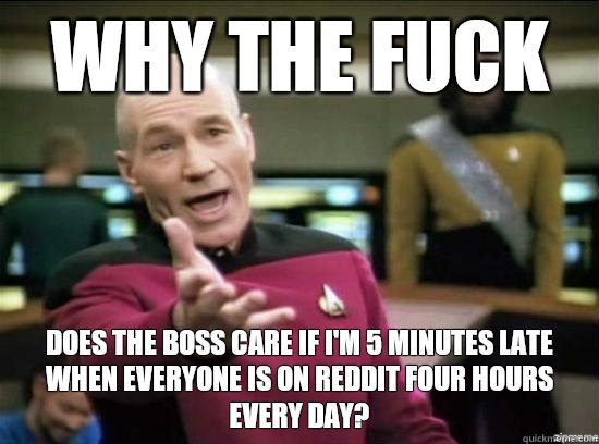 Why the fuck Does the boss care if I'm 5 minutes late when everyone is on Reddit four hours every day?  Annoyed Picard HD