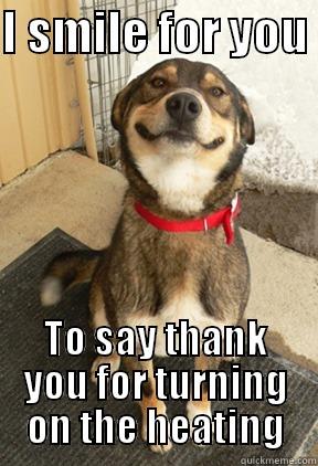 I SMILE FOR YOU  TO SAY THANK YOU FOR TURNING ON THE HEATING Good Dog Greg