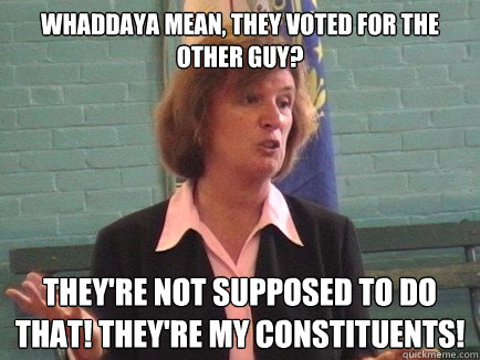 Whaddaya mean, they voted for the other guy? They're not supposed to do that! They're my constituents! - Whaddaya mean, they voted for the other guy? They're not supposed to do that! They're my constituents!  Stupid, stupid Carol Shea-Porter