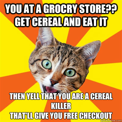 you at a grocry store?? get cereal and eat it then yell that you are a cereal killer
that'll give you free checkout - you at a grocry store?? get cereal and eat it then yell that you are a cereal killer
that'll give you free checkout  Bad Advice Cat