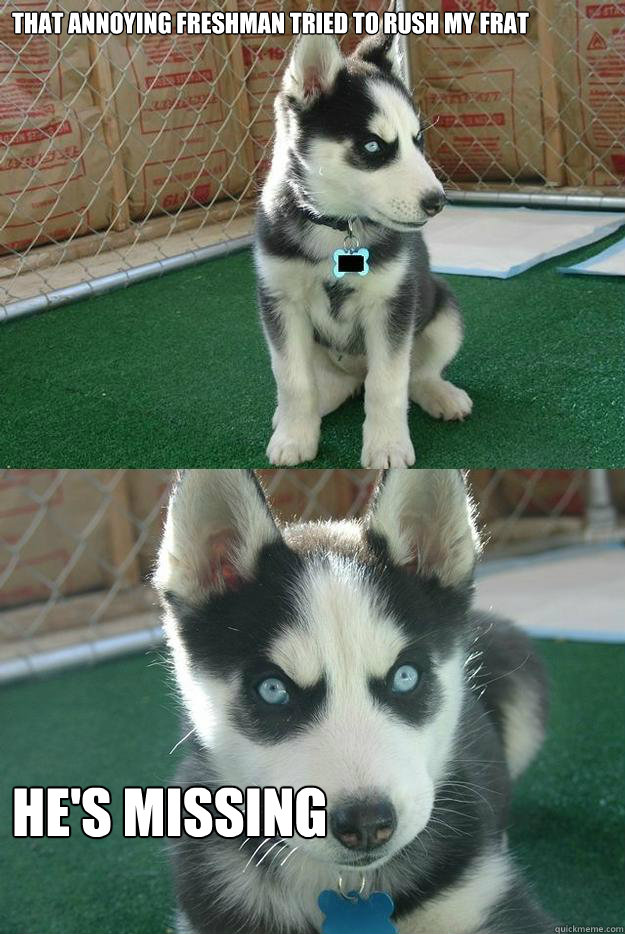 That annoying freshman tried to rush my frat He's missing  Insanity puppy