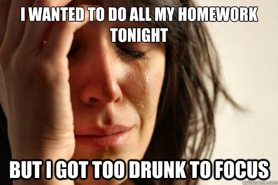I wanted to do all my homework tonight But i got too drunk to focus  First World Problems