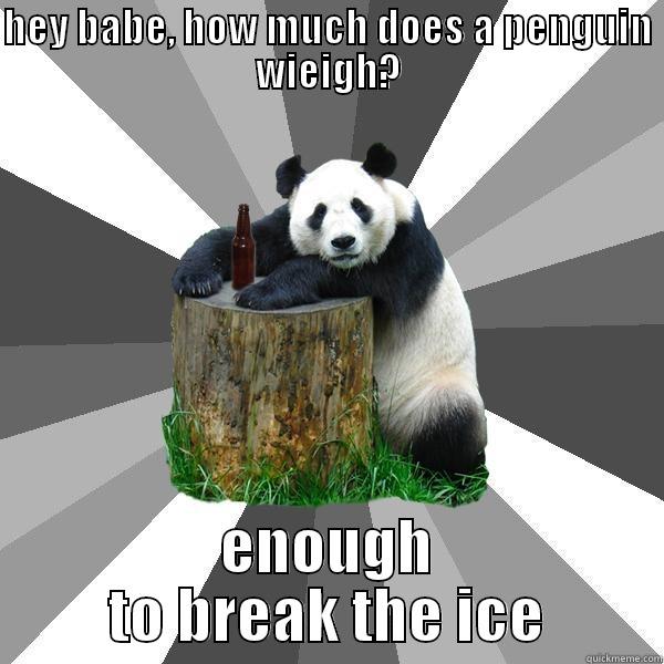 HEY BABE, HOW MUCH DOES A PENGUIN WIEIGH? ENOUGH TO BREAK THE ICE Pickup-Line Panda