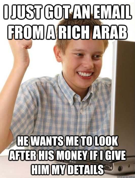 I just got an email from a rich Arab He wants me to look after his money if I give him my details  First Day on the Internet Kid