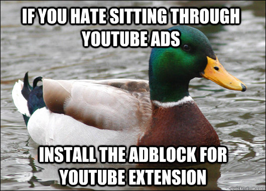 if you hate sitting through youtube ads install the adblock for youtube extension - if you hate sitting through youtube ads install the adblock for youtube extension  Actual Advice Mallard