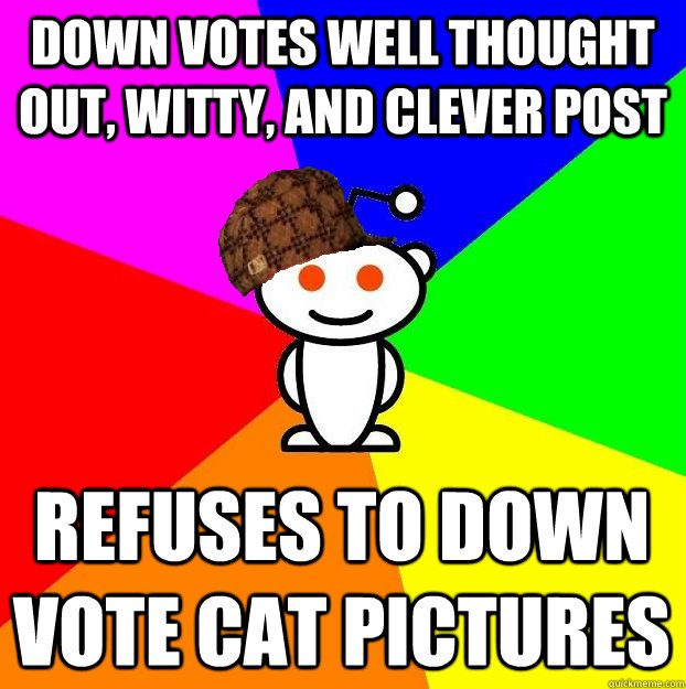 down votes well thought out, witty, and clever post Refuses to down vote cat pictures  Scumbag Redditor