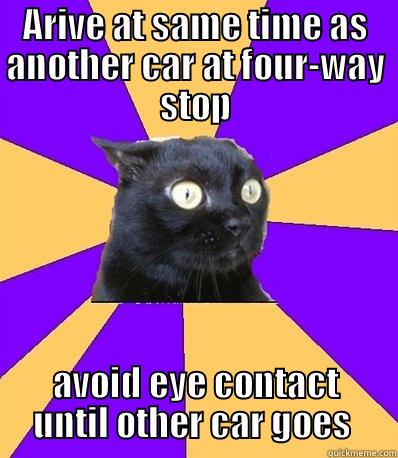 Anxiety Cat  - ARIVE AT SAME TIME AS ANOTHER CAR AT FOUR-WAY STOP AVOID EYE CONTACT UNTIL OTHER CAR GOES  Misc