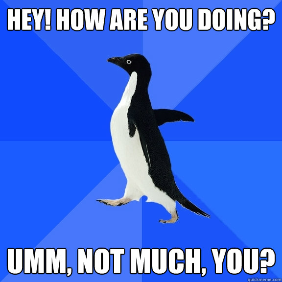 hey! how are you doing? umm, not much, you?  Socially Awkward Penguin