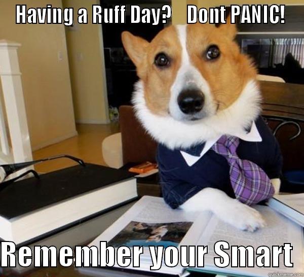 HAVING A RUFF DAY?    DONT PANIC!  REMEMBER YOUR SMART  Lawyer Dog
