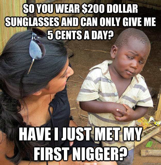So you wear $200 dollar sunglasses and can only give me 5 cents a day? have i just met my first nigger?  Skeptical Third World Kid
