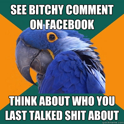 see bitchy comment on facebook think about who you last talked shit about  Paranoid Parrot