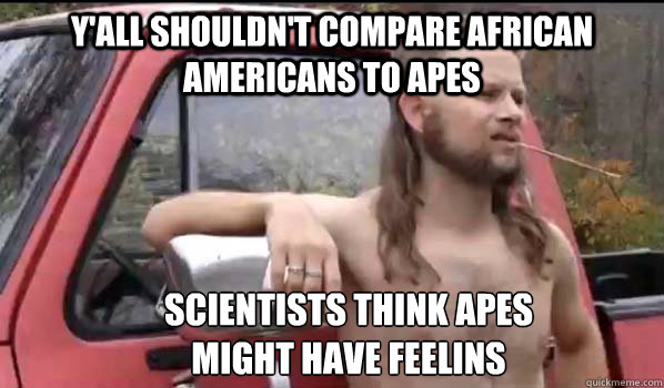 Y'all shouldn't compare african americans to apes Scientists think apes might have feelins  Almost Politically Correct Redneck