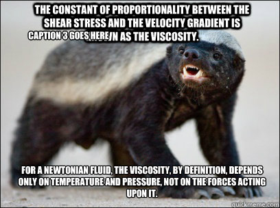 The constant of proportionality between the shear stress and the velocity gradient is known as the viscosity. For a Newtonian fluid, the viscosity, by definition, depends only on temperature and pressure, not on the forces acting upon it. Caption 3 goes h  Honey Badger