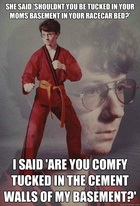 she said 'shouldnt you be tucked in your moms basement in your racecar bed?' i said 'are you comfy tucked in the cement walls of my basement?'  Karate Kyle